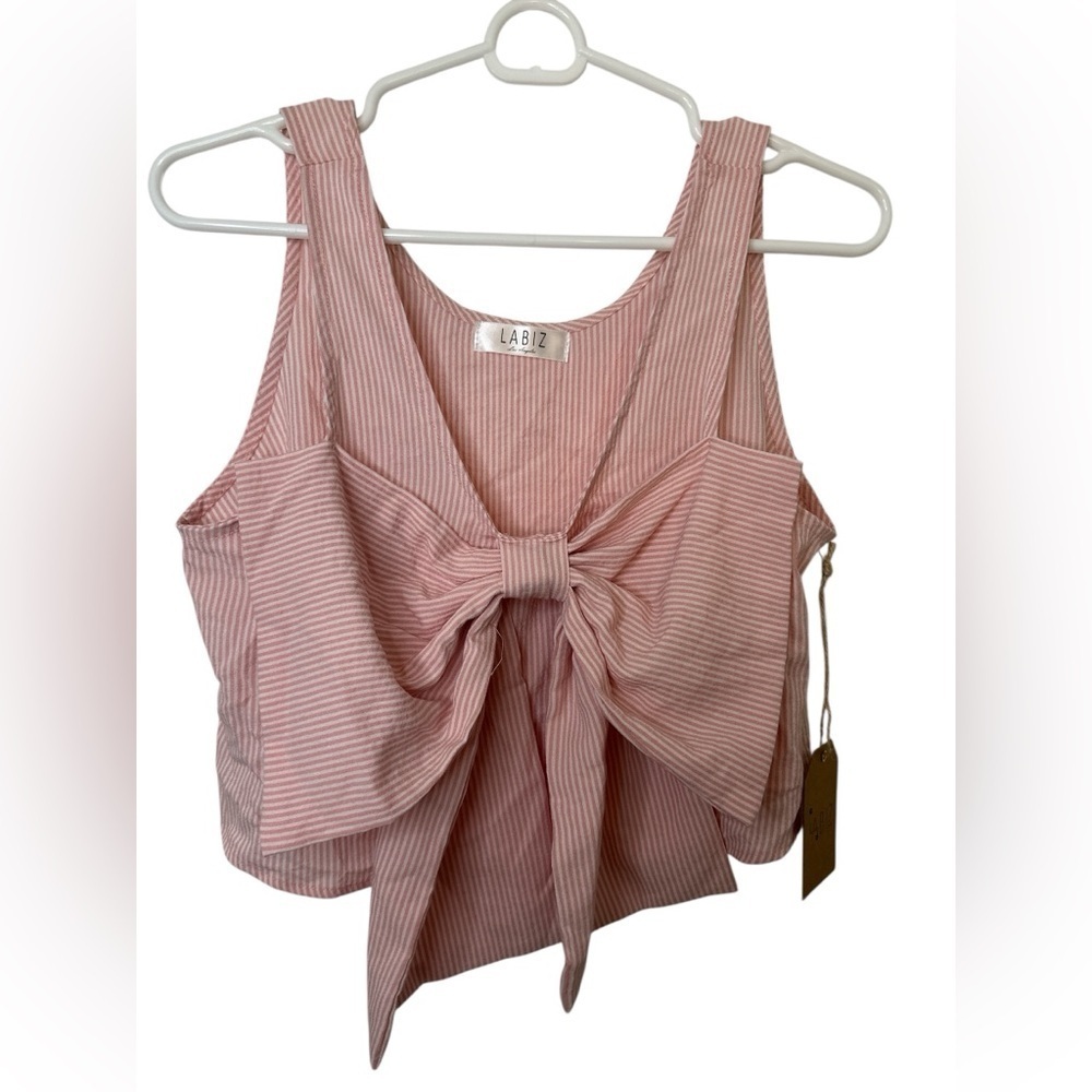 Labiz Pink Striped Seersucker Bow Top NWT
